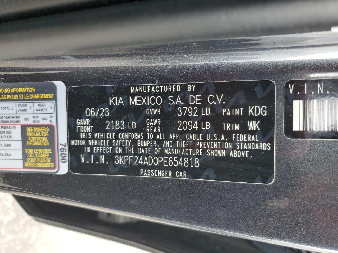 2023 Kia Forte Lx VIN: 3KPF24AD0PE654818 Lot: 92468765