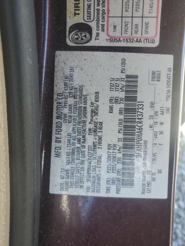 2012 Ford Fusion Se VIN: 3FAHP0HA6CR437331 Lot: 92675585