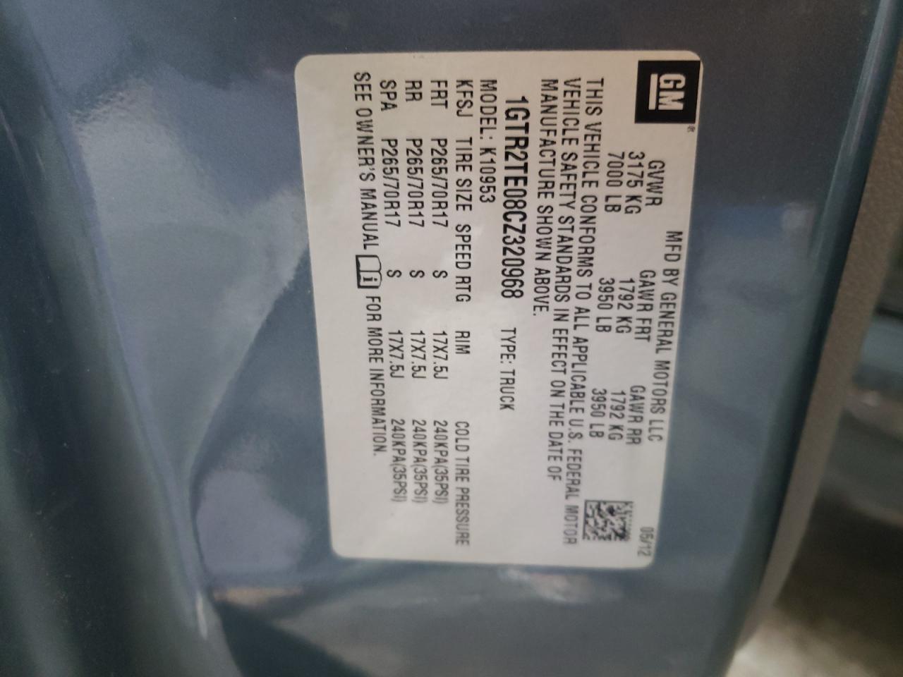 2012 GMC Sierra K1500 VIN: 1GTR2TE08CZ320968 Lot: 93392665