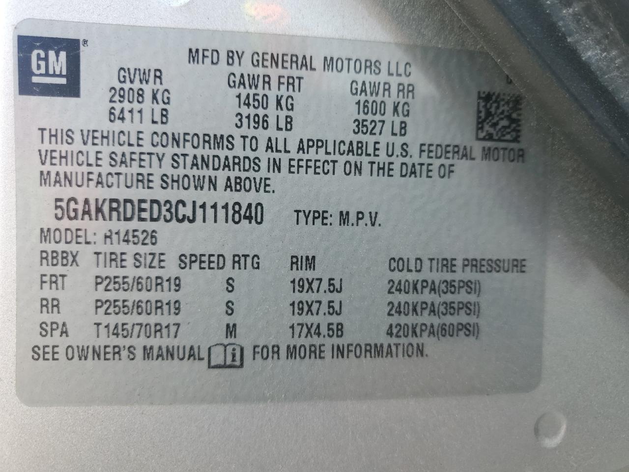 2012 Buick Enclave VIN: 5GAKRDED3CJ111840 Lot: 92721975