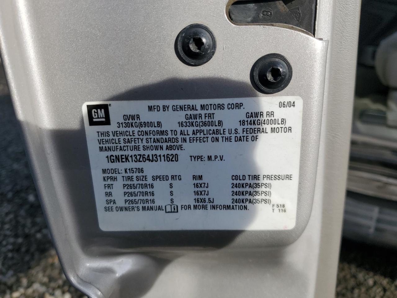 2004 Chevrolet Tahoe K1500 VIN: 1GNEK13Z64J311620 Lot: 93681785