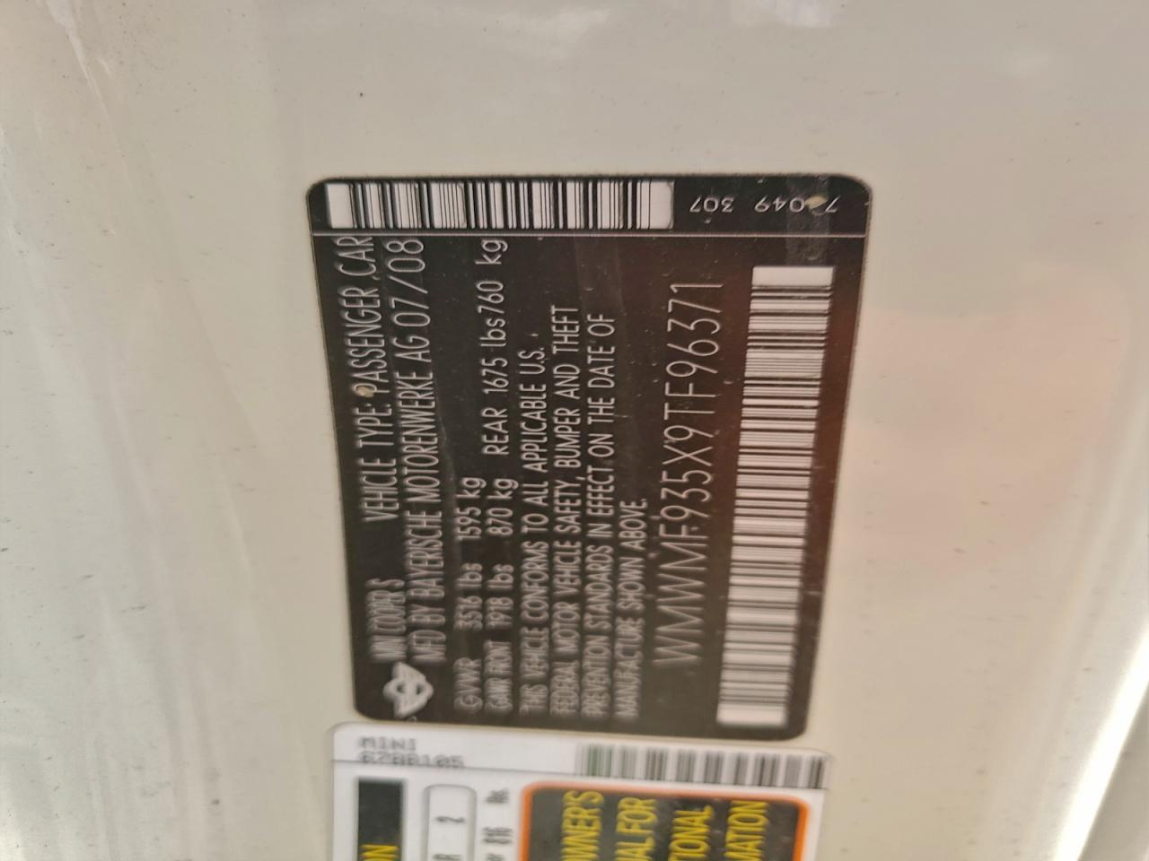 2009 Mini Cooper Sportback Ls Jcw VIN: WMWMF935X9TF96371 Lot: 94666575