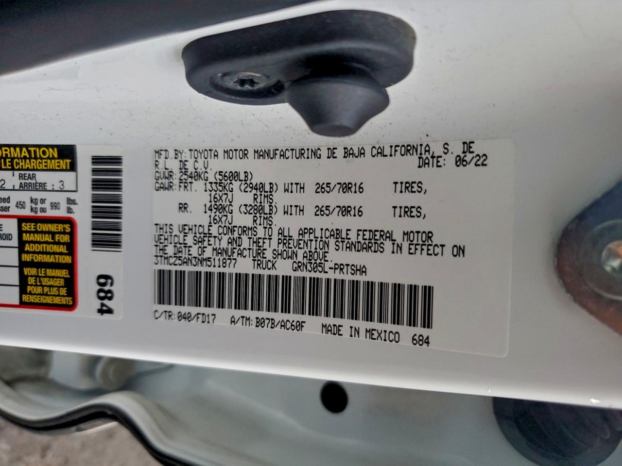 2022 Toyota Tacoma Double Cab VIN: 3TMCZ5AN3NM511877 Lot: 94238065