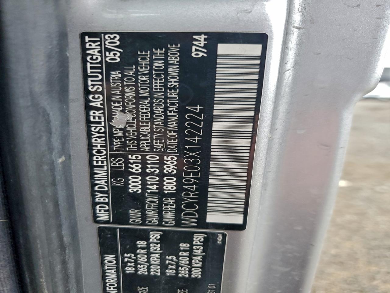 2003 Mercedes-Benz G 500 VIN: WDCYR49E03X142224 Lot: 93874815