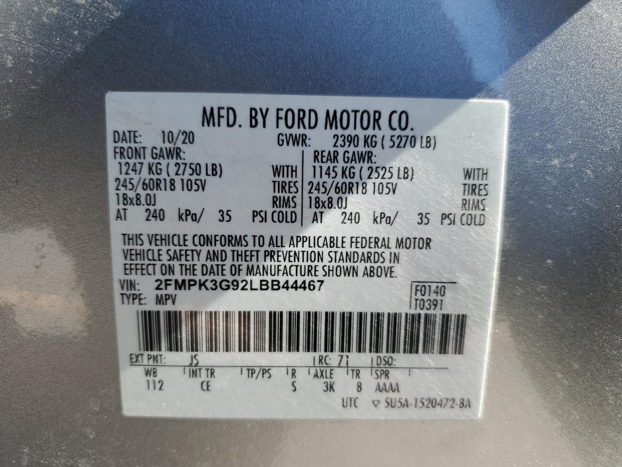 2020 Ford Edge Se VIN: 2FMPK3G92LBB44467 Lot: 91066795