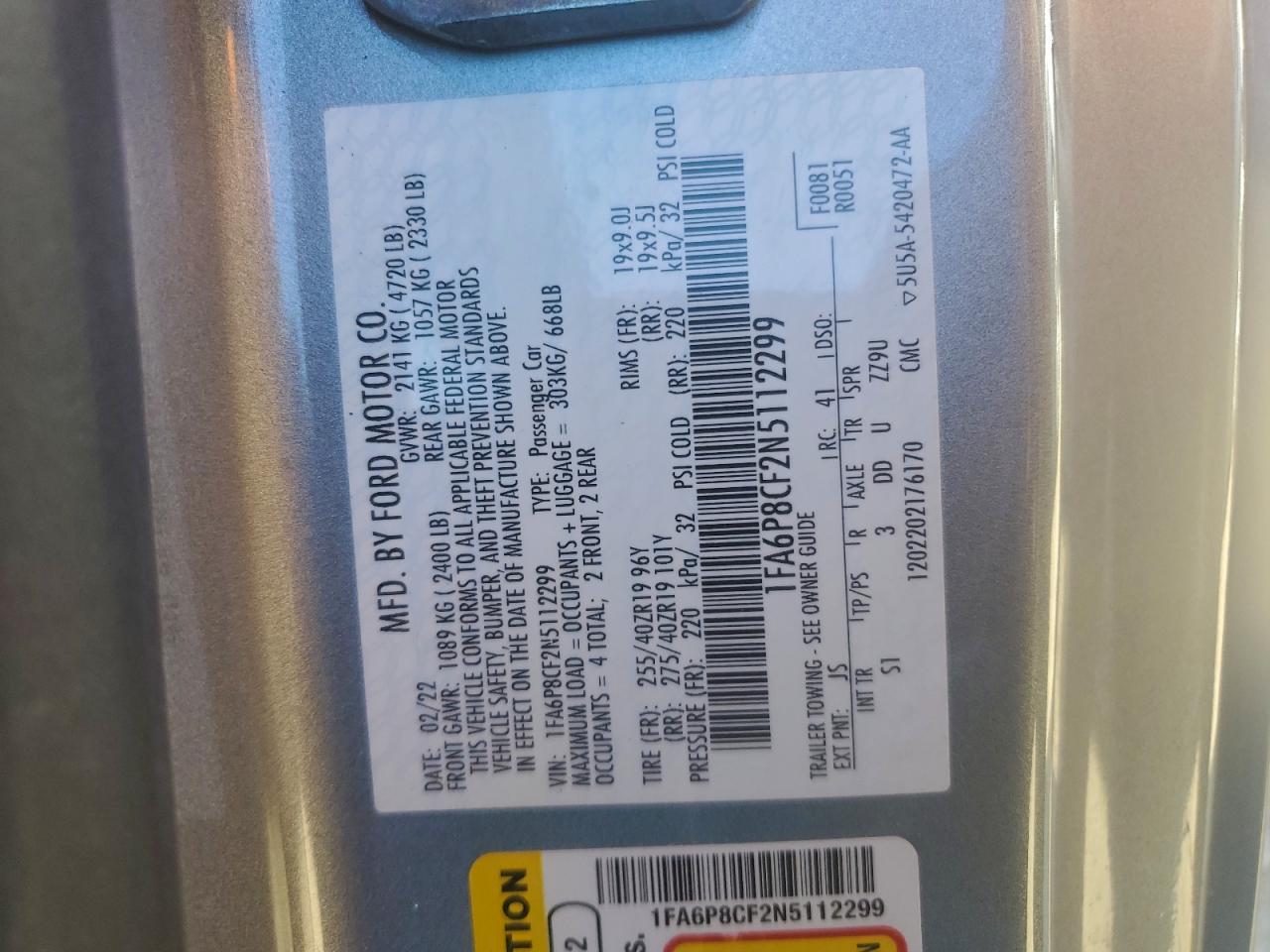 2022 Ford Mustang Gt VIN: 1FA6P8CF2N5112299 Lot: 94375845