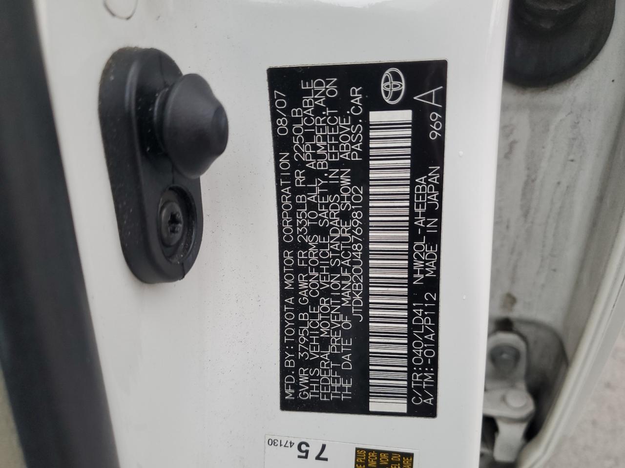 2008 Toyota Prius VIN: JTDKB20U487698102 Lot: 92827985