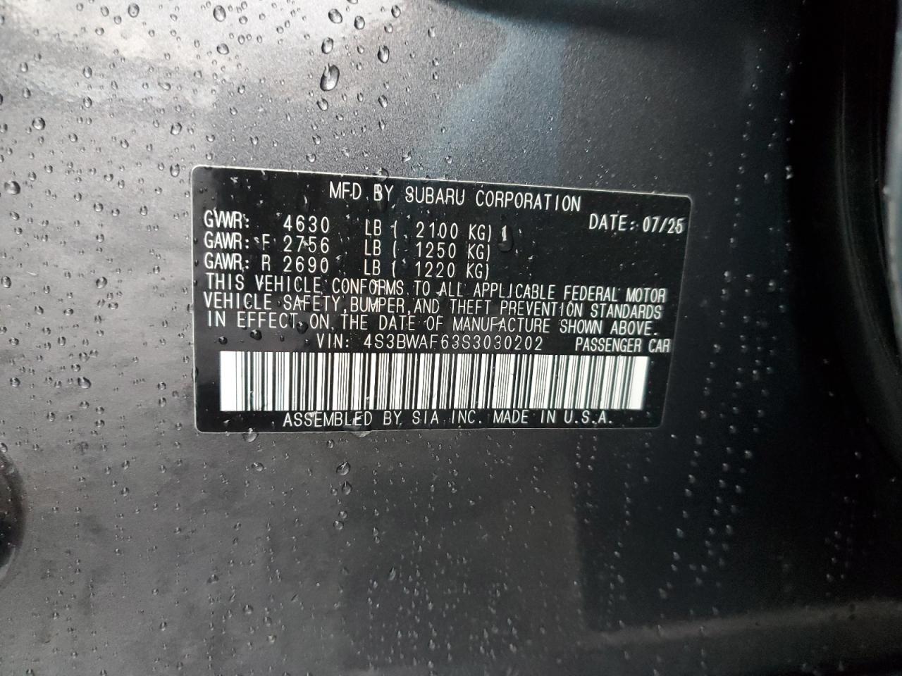 2025 Subaru Legacy Premium VIN: 4S3BWAF63S3030202 Lot: 91373965