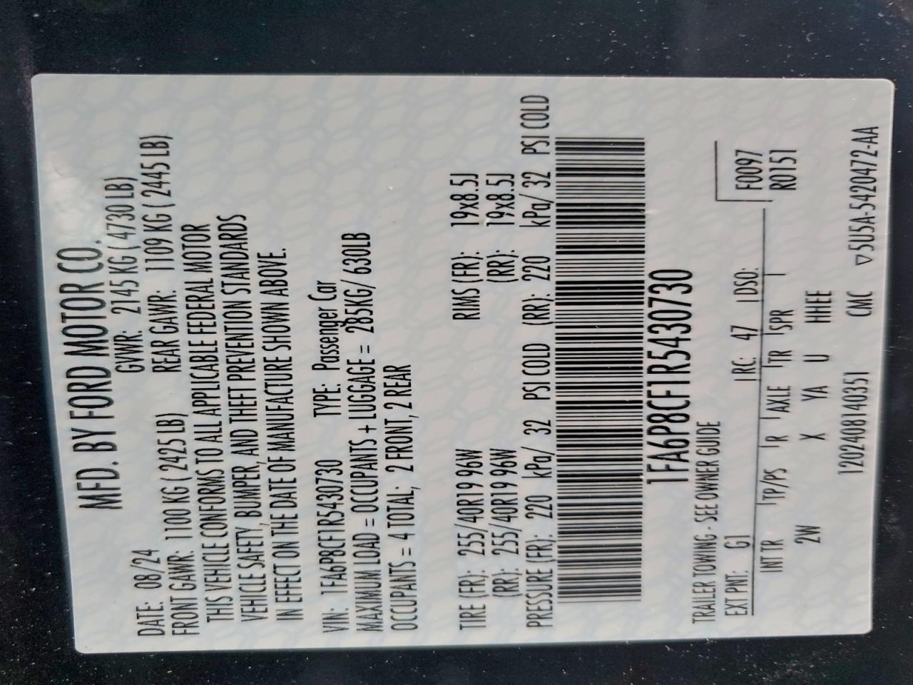 2024 Ford Mustang Gt VIN: 1FA6P8CF1R5430730 Lot: 93915335