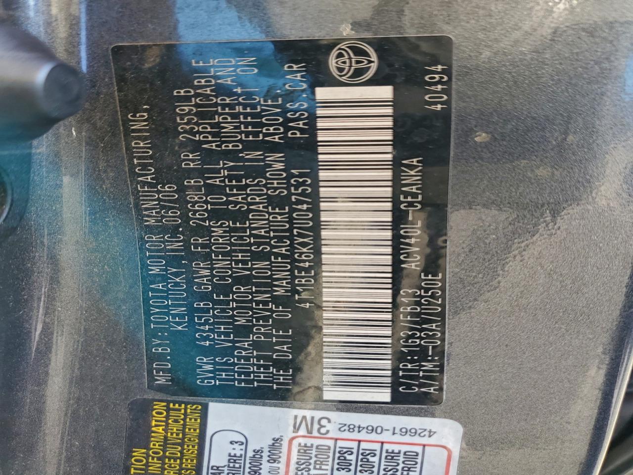 2007 Toyota Camry Ce VIN: 4T1BE46KX7U047531 Lot: 94370875