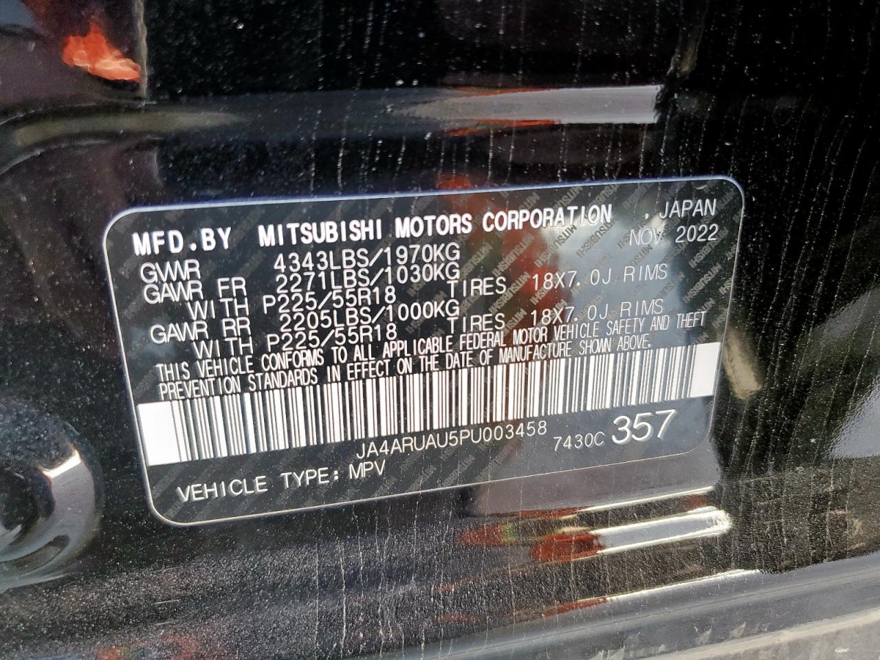 2023 Mitsubishi Outlander Sport S/Se VIN: JA4ARUAU5PU003458 Lot: 91705305