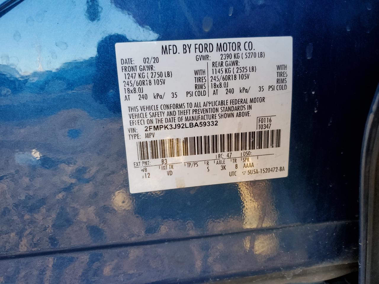 2020 Ford Edge Sel VIN: 2FMPK3J92LBA59332 Lot: 93109905