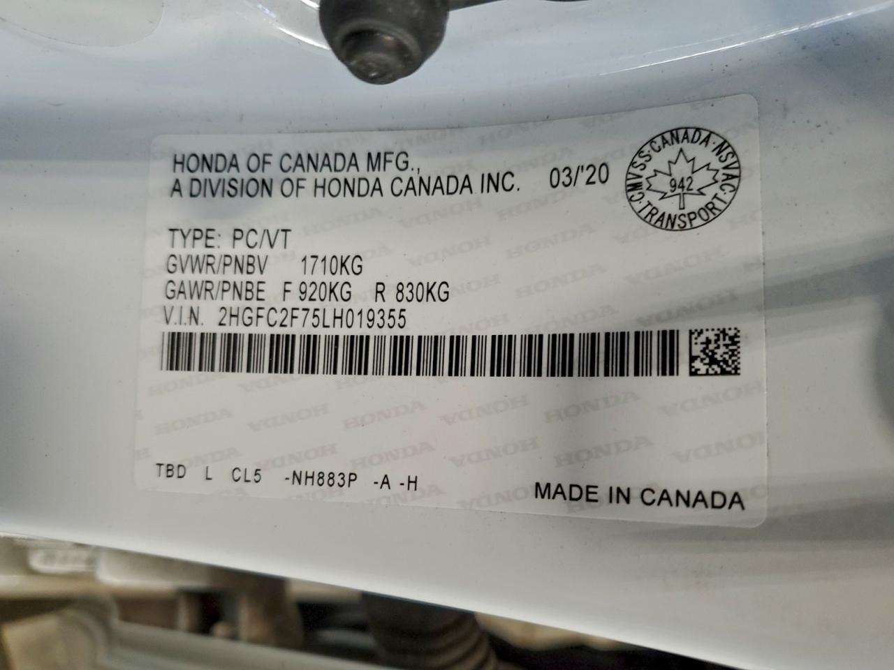 2020 Honda Civic Ex VIN: 2HGFC2F75LH019355 Lot: 93931325