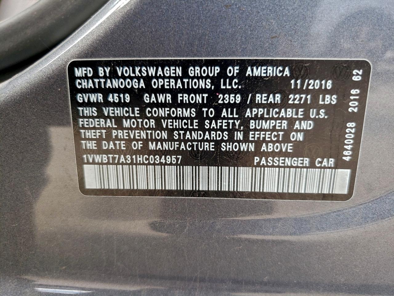 2017 Volkswagen Passat Se VIN: 1VWBT7A31HC034957 Lot: 94328875