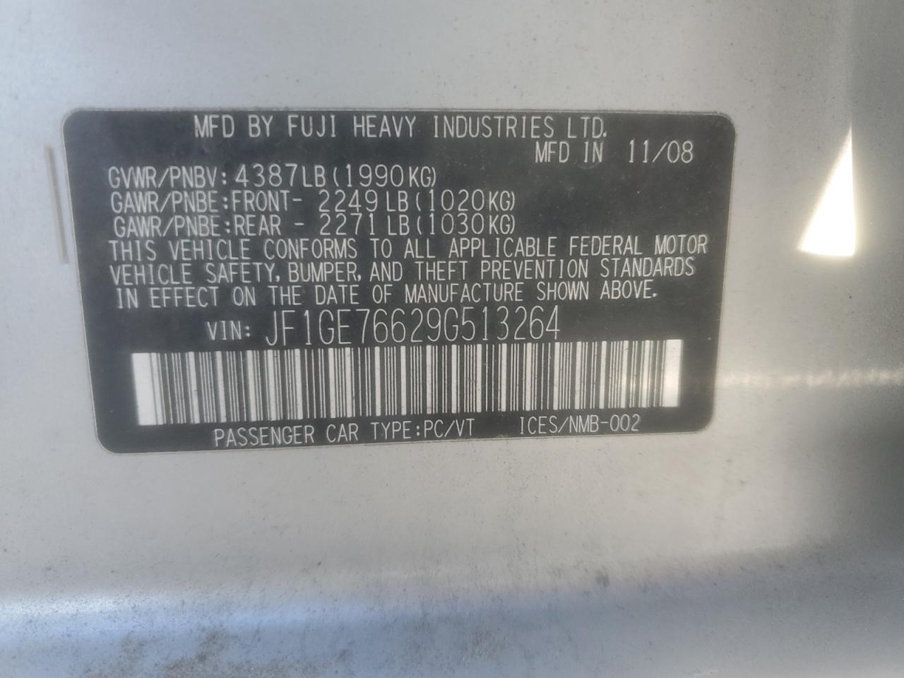 2009 Subaru Impreza Wrx VIN: JF1GE76629G513264 Lot: 91094245