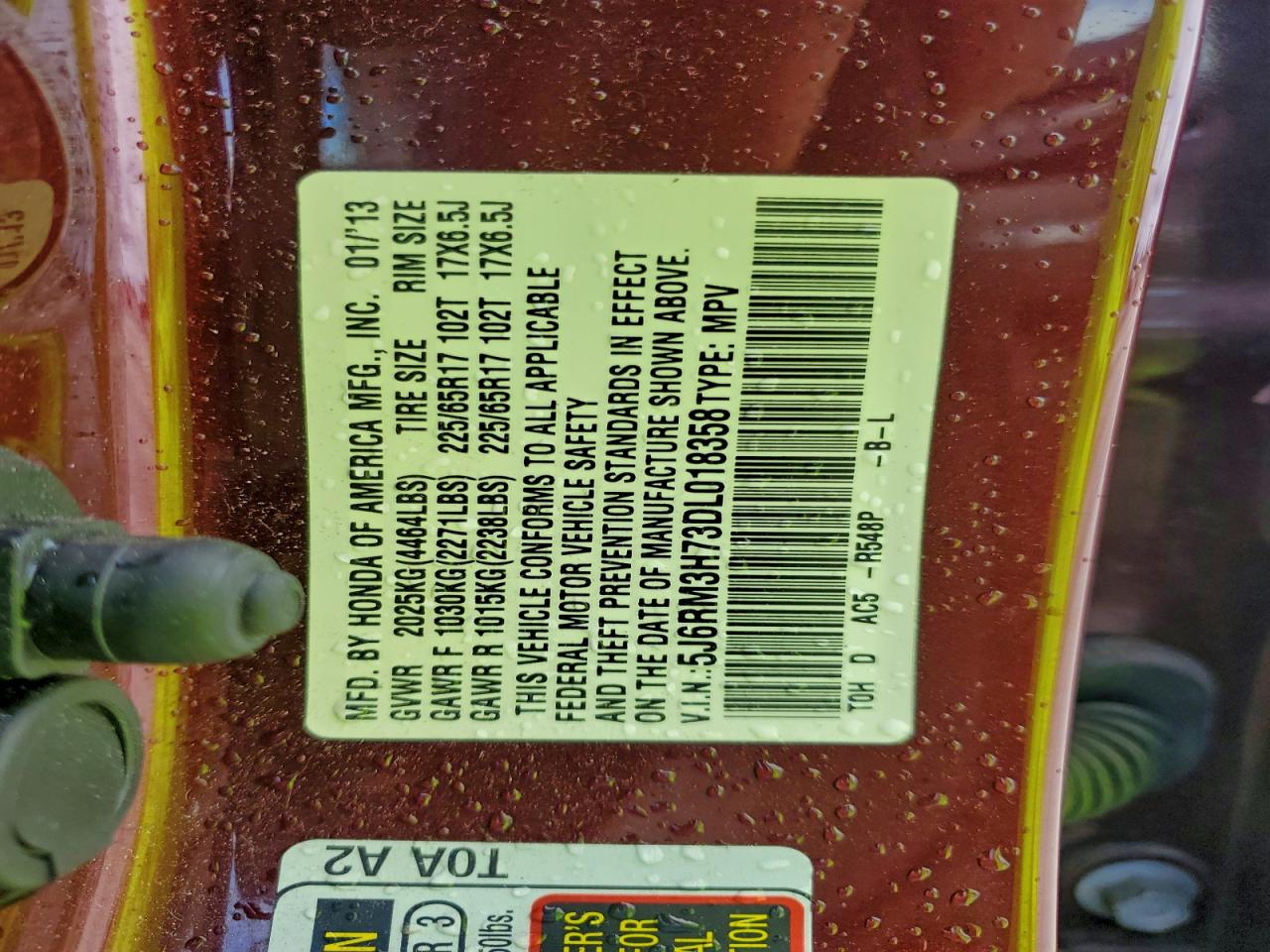 2013 Honda Cr-V Exl VIN: 5J6RM3H73DL018358 Lot: 94452975