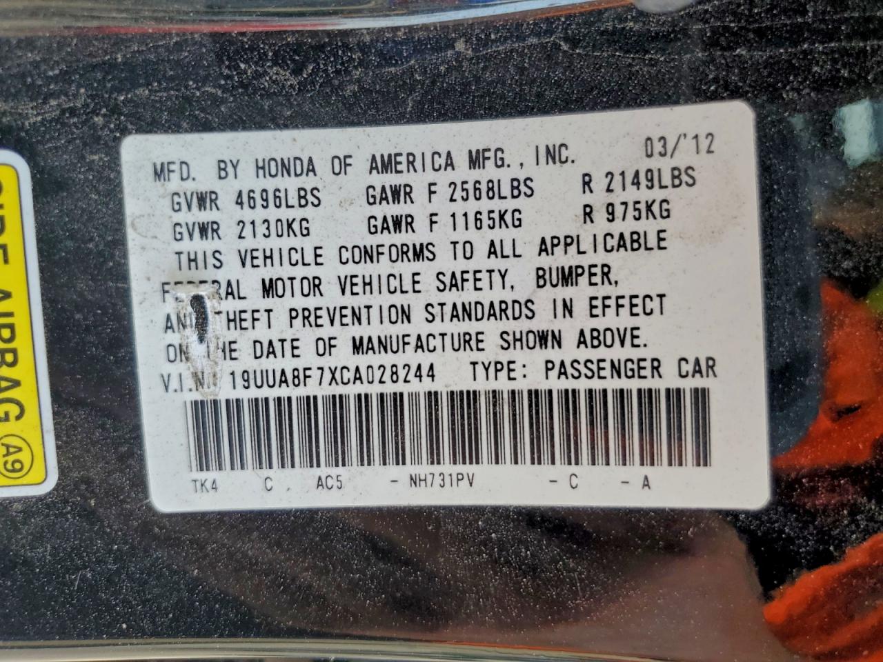 2012 Acura Tl VIN: 19UUA8F7XCA028244 Lot: 93724495