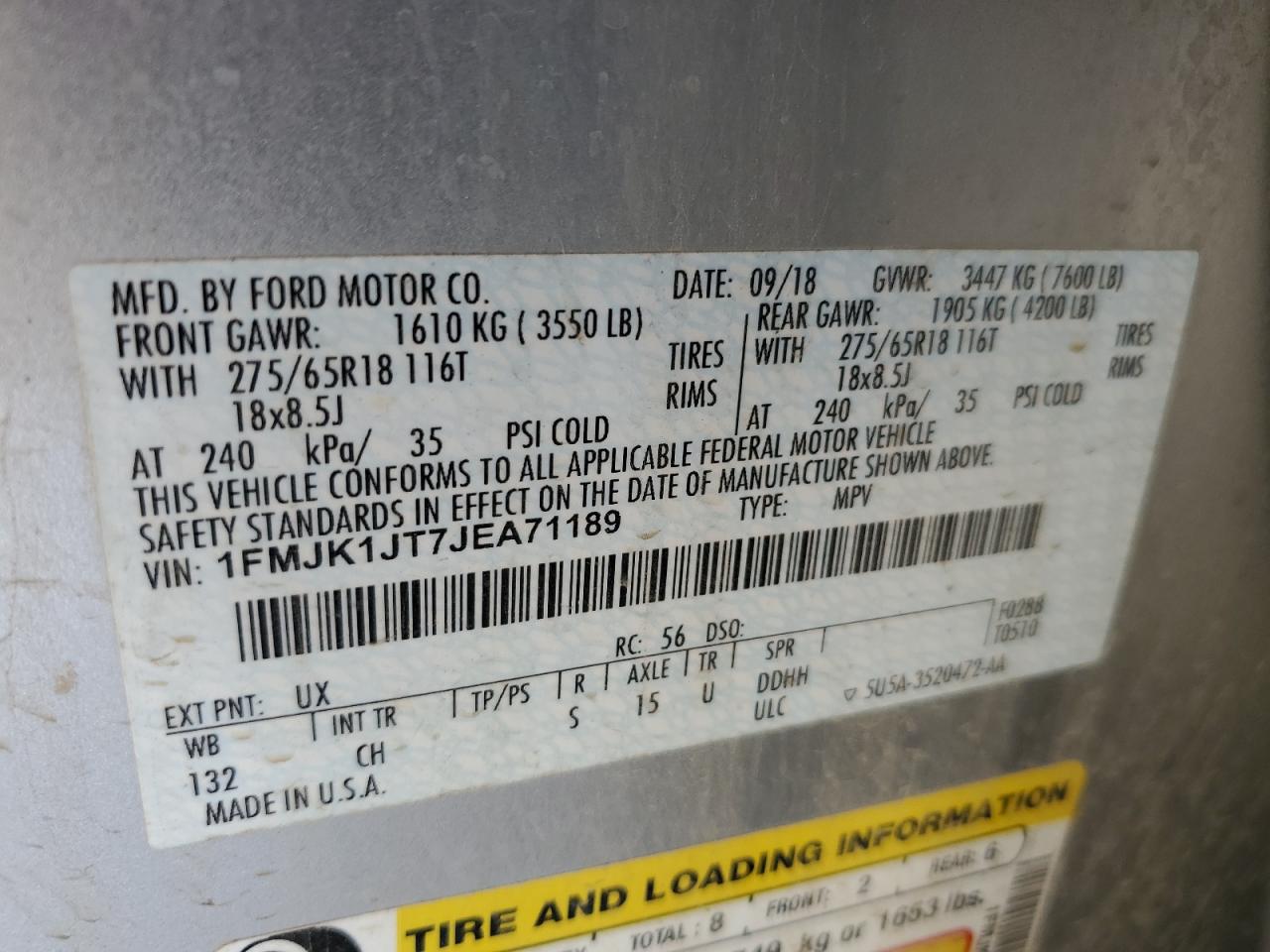 2018 Ford Expedition Max Xlt VIN: 1FMJK1JT7JEA71189 Lot: 92165345