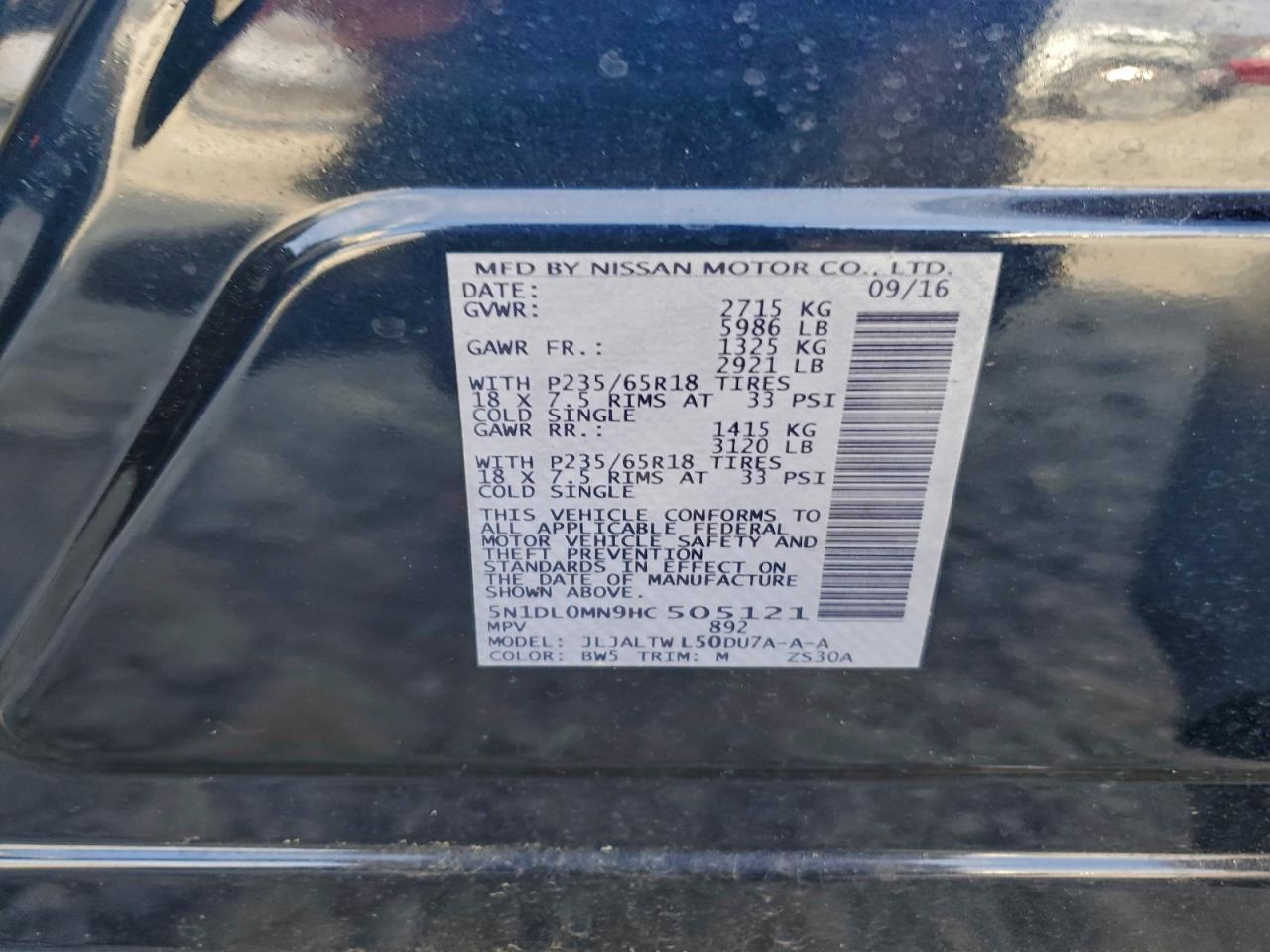 2017 Infiniti Qx60 VIN: 5N1DL0MN9HC505121 Lot: 92413975