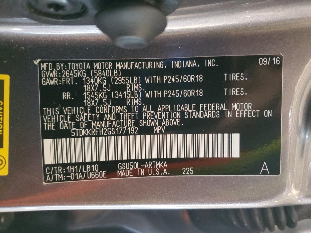 2016 Toyota Highlander Xle VIN: 5TDKKRFH2GS177192 Lot: 91680875