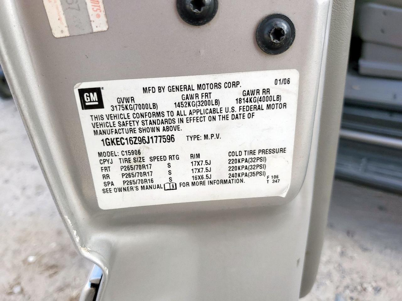 2006 GMC Yukon Xl C1500 VIN: 1GKEC16Z96J177596 Lot: 93383625