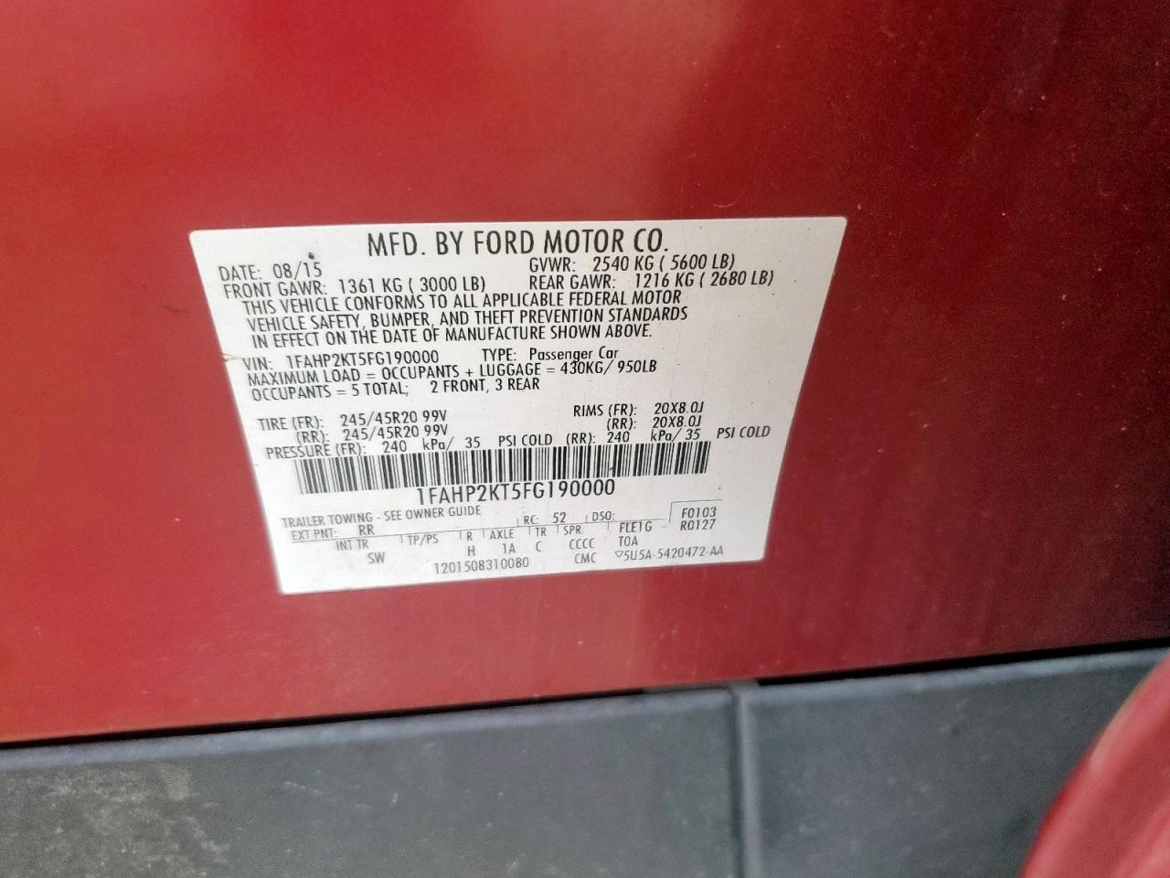 2015 Ford Taurus Sho VIN: 1FAHP2KT5FG190000 Lot: 92589635