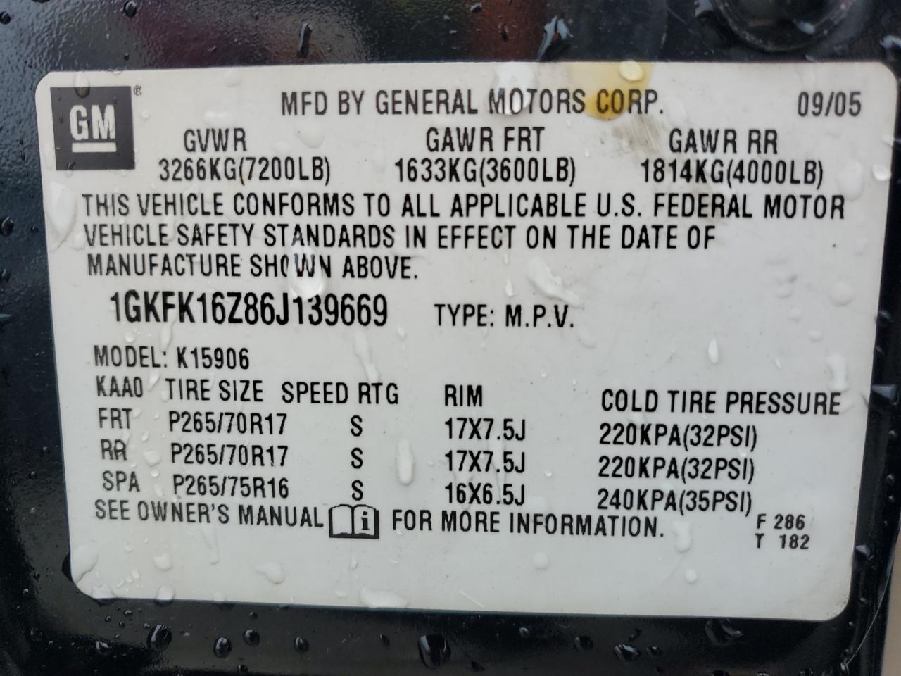 2006 GMC Yukon Xl K1500 VIN: 1GKFK16Z86J139669 Lot: 91904335