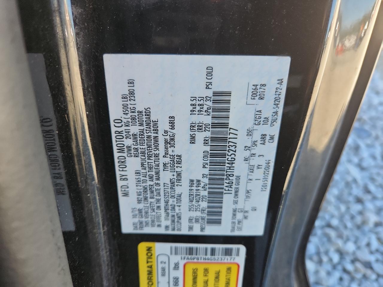 2016 Ford Mustang VIN: 1FA6P8TH4G5237177 Lot: 91761365