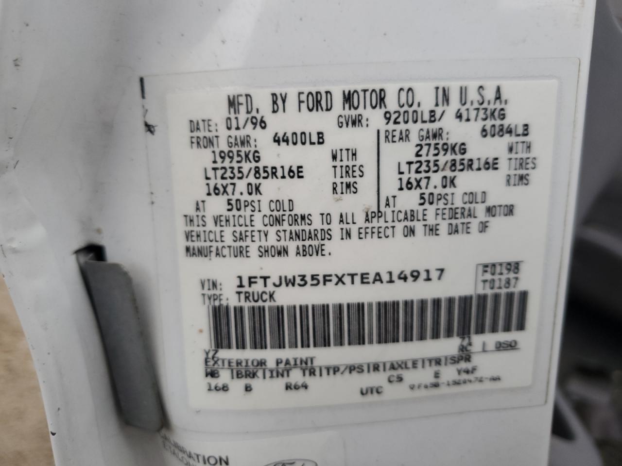 1996 Ford F350 VIN: 1FTJW35FXTEA14917 Lot: 91463575