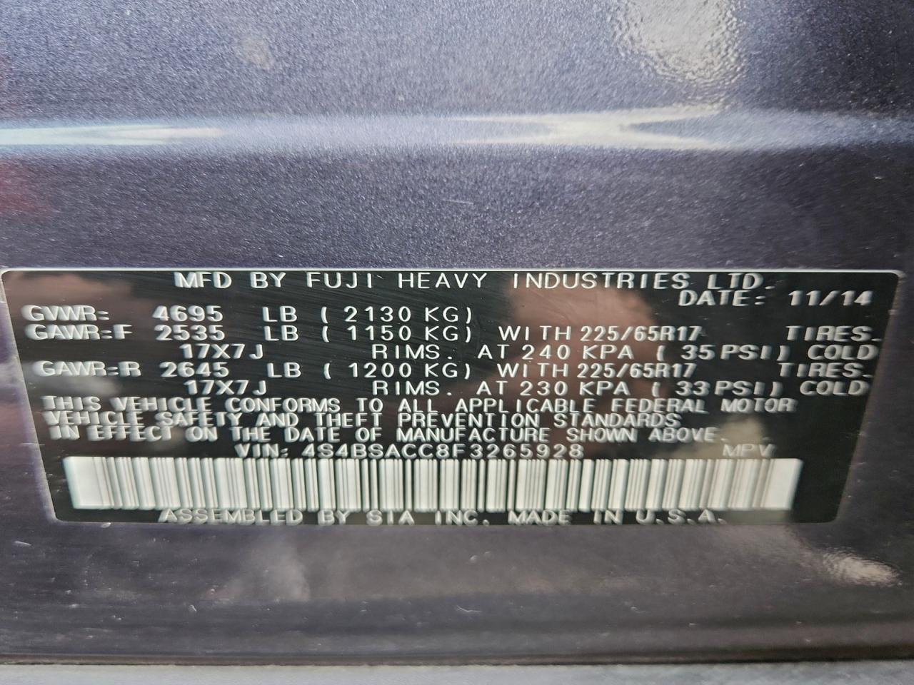 2015 Subaru Outback 2.5I Premium VIN: 4S4BSACC8F3265928 Lot: 93689705