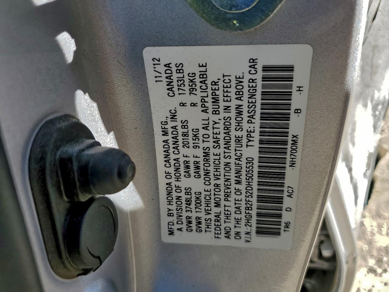 2013 Honda Civic Lx VIN: 2HGFB2F52DH505530 Lot: 94151025