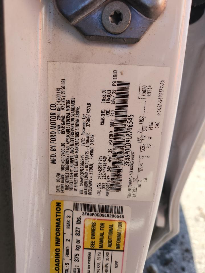 2020 Ford Fusion Sel VIN: 3FA6P0CD9LR206545 Lot: 91671685