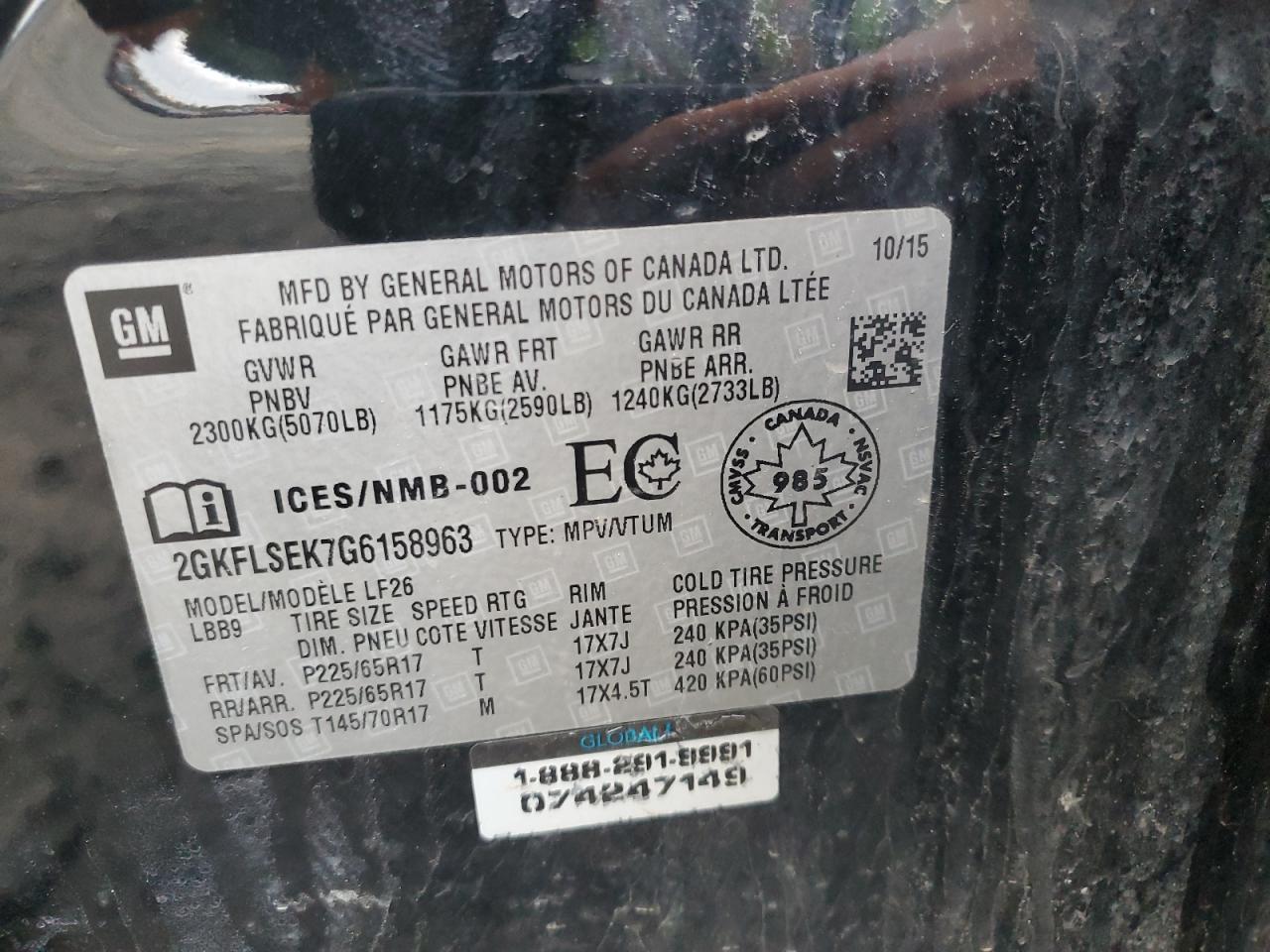 2016 GMC Terrain Sle VIN: 2GKFLSEK7G6158963 Lot: 93131925