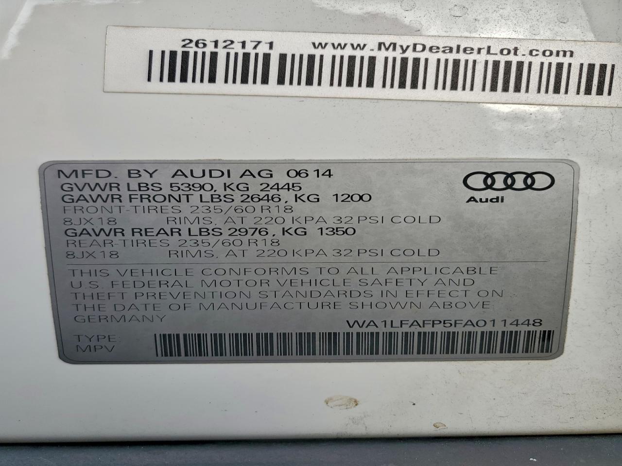 2015 Audi Q5 Premium Plus VIN: WA1LFAFP5FA011448 Lot: 93538405