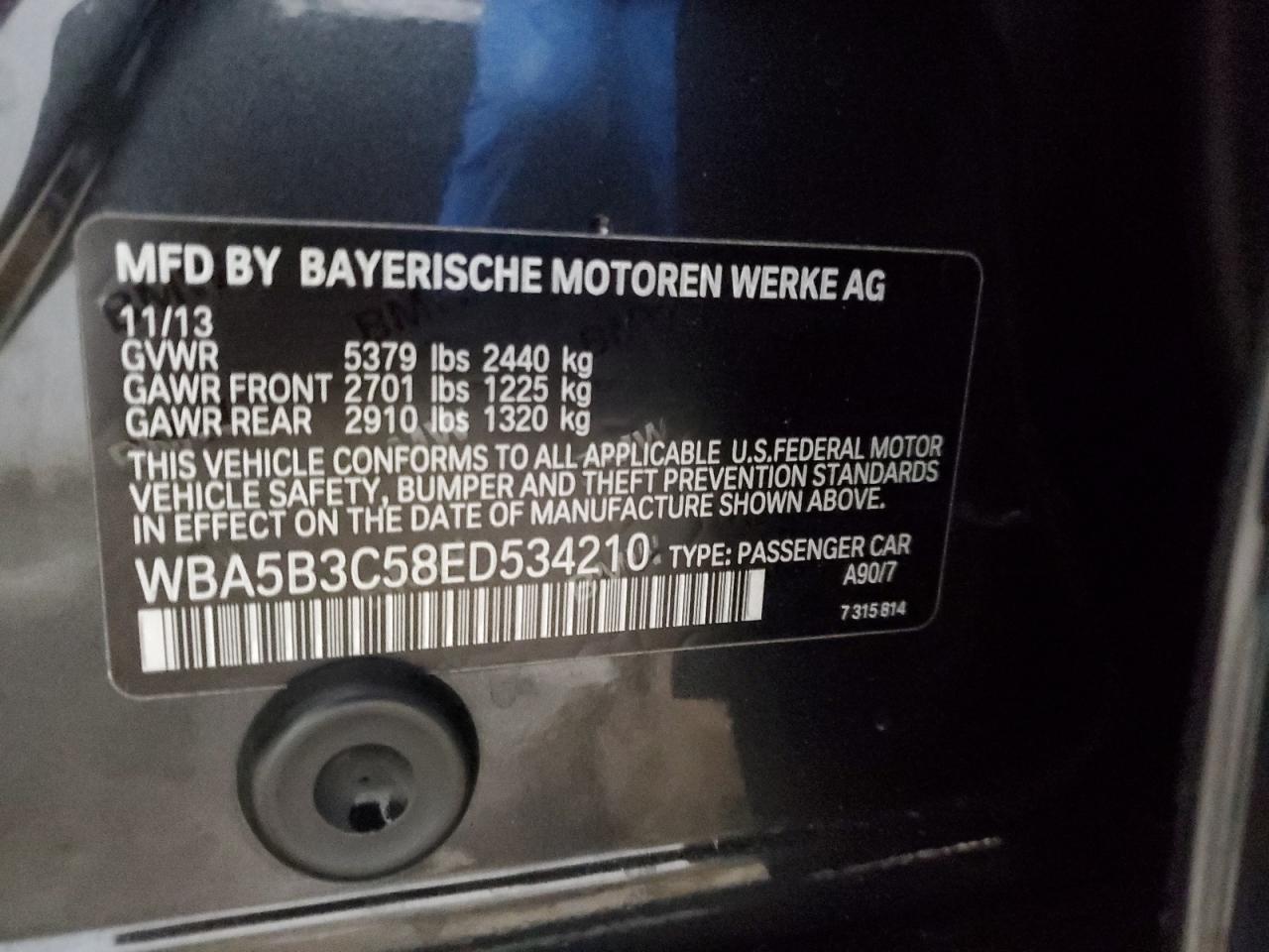 2014 BMW 535 Xi VIN: WBA5B3C58ED534210 Lot: 93290815