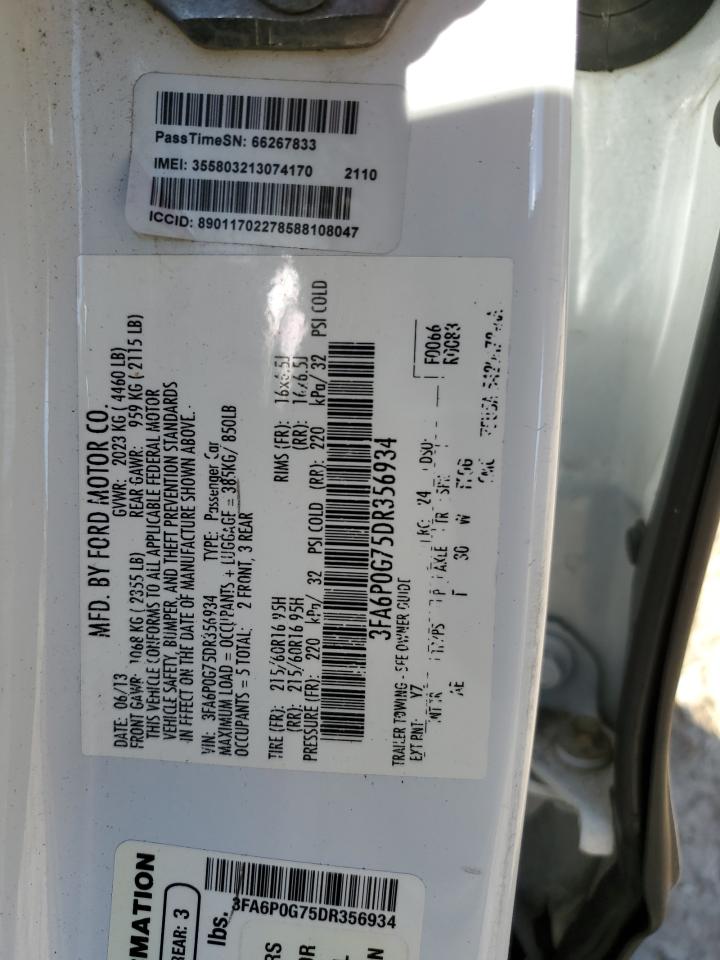 2013 Ford Fusion S VIN: 3FA6P0G75DR356934 Lot: 92460395