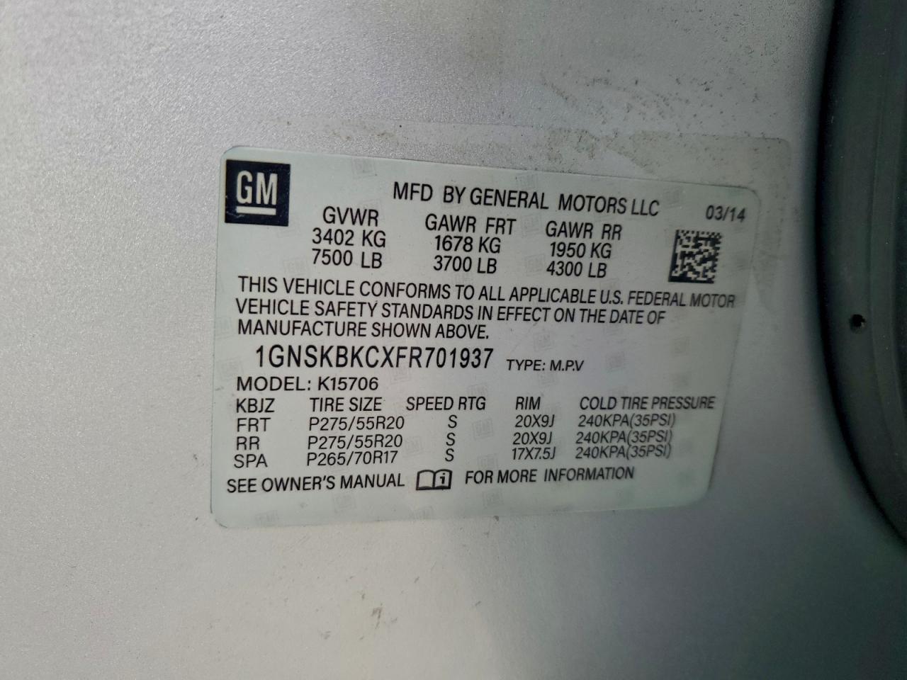 2015 Chevrolet Tahoe K1500 Lt VIN: 1GNSKBKCXFR701937 Lot: 94074725