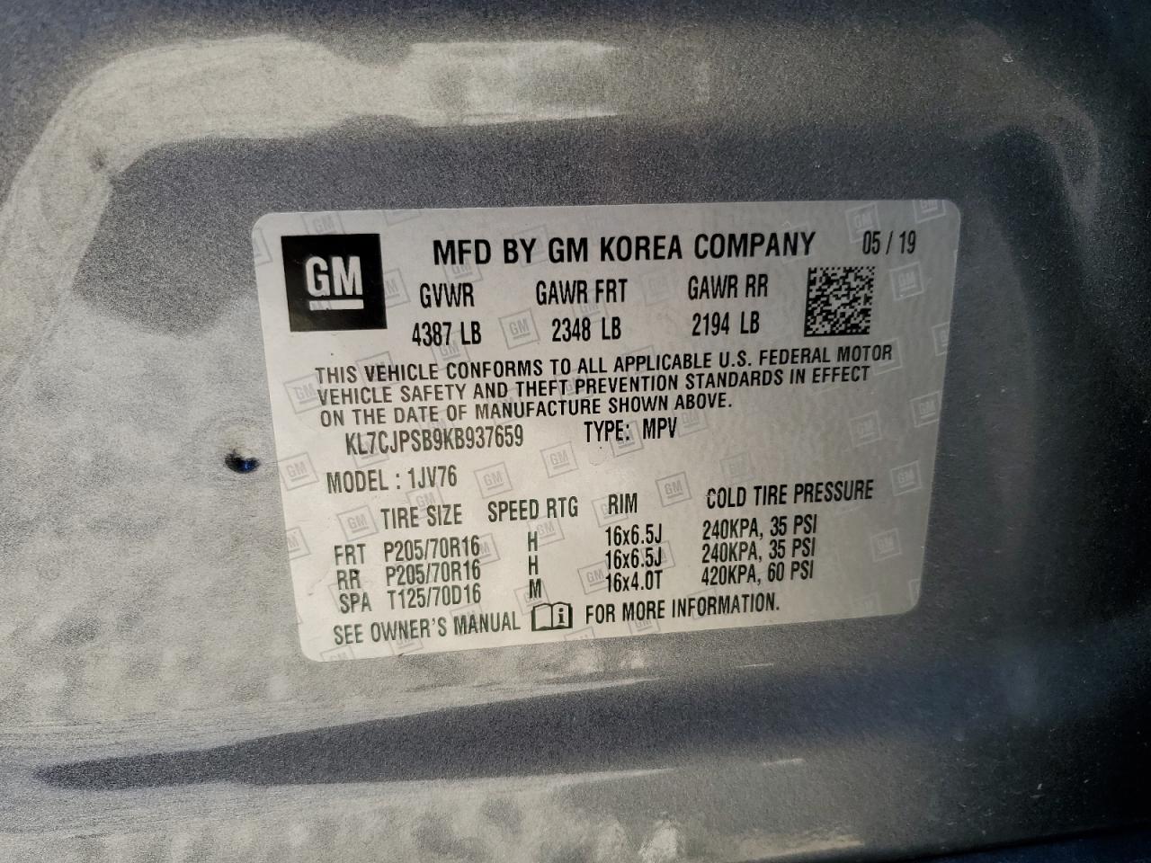 2019 Chevrolet Trax 1Lt VIN: KL7CJPSB9KB937659 Lot: 92471065