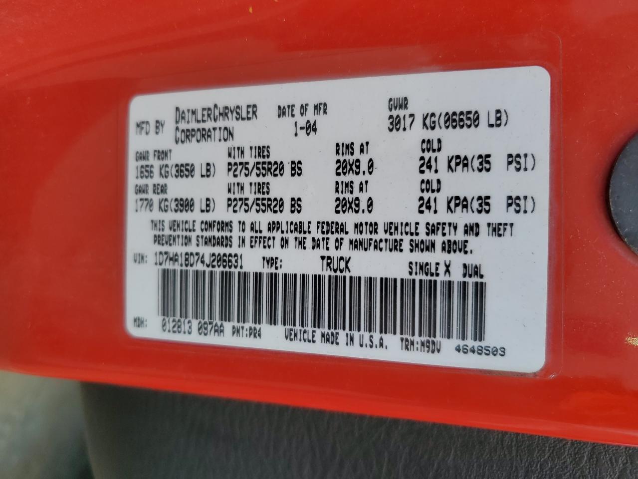2004 Dodge Ram 1500 St VIN: 1D7HA18D74J206631 Lot: 92282965