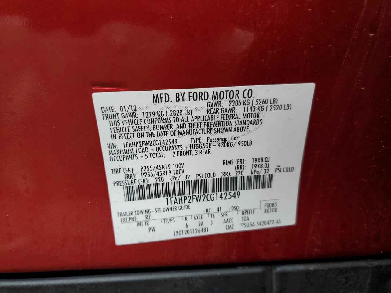 2012 Ford Taurus Limited VIN: 1FAHP2FW2CG142549 Lot: 93540335