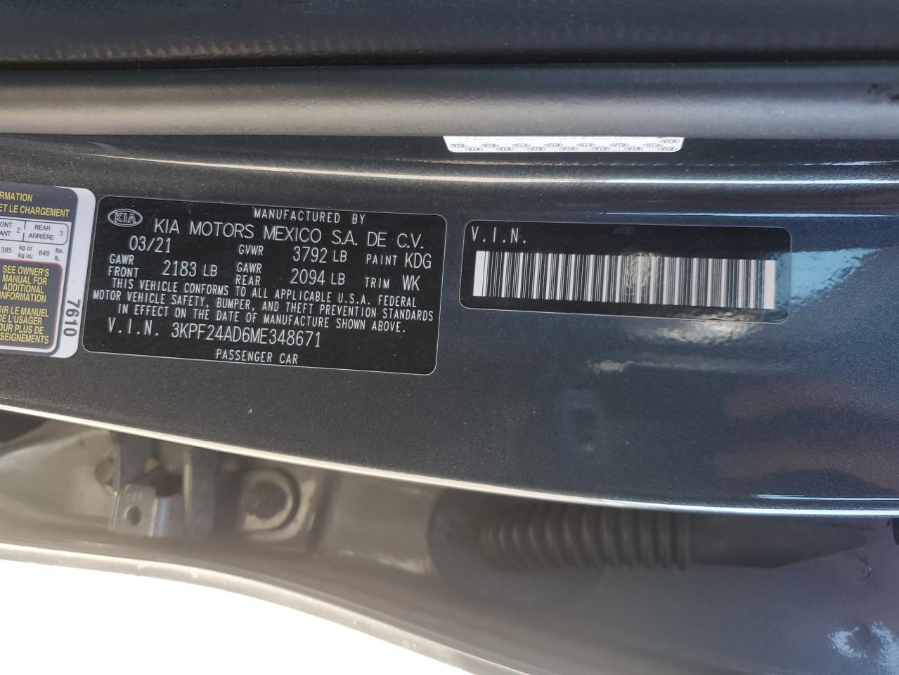 2021 Kia Forte Fe VIN: 3KPF24AD6ME348671 Lot: 92023345