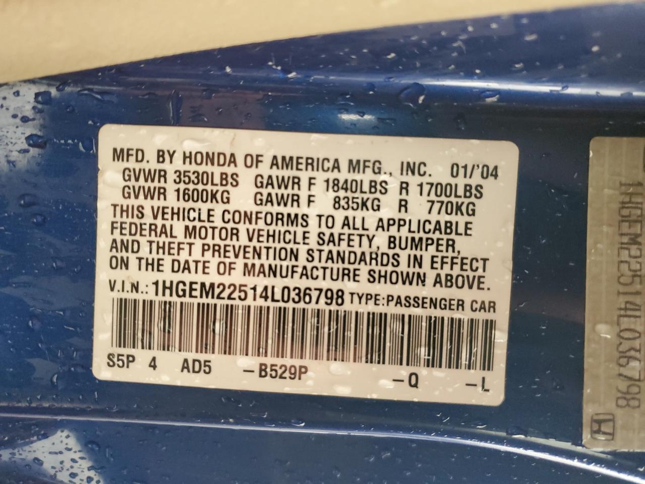 2004 Honda Civic Lx VIN: 1HGEM22514L036798 Lot: 93133185