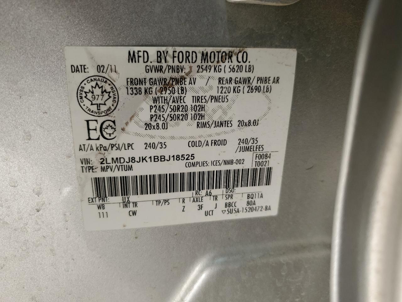 2011 Lincoln Mkx VIN: 2LMDJ8JK1BBJ18525 Lot: 90751965