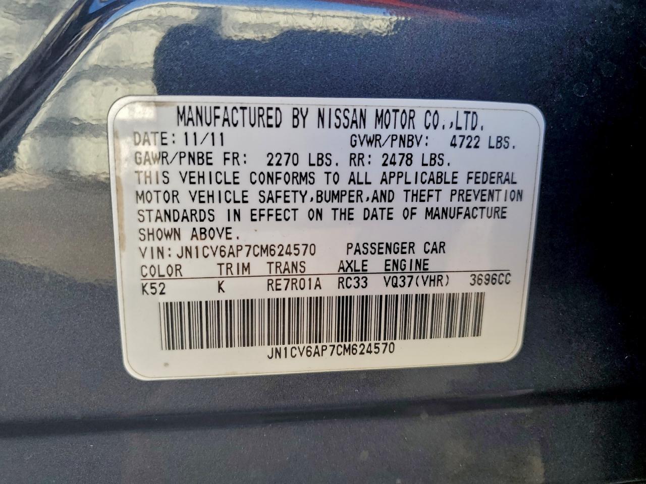 2012 Infiniti G37 Base VIN: JN1CV6AP7CM624570 Lot: 93608995