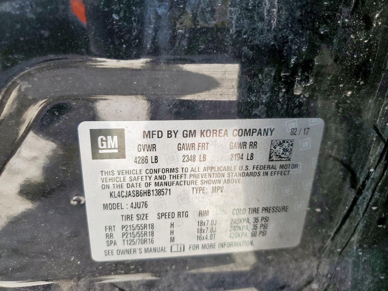 2017 Buick Encore Preferred VIN: KL4CJASB6HB138571 Lot: 93423215