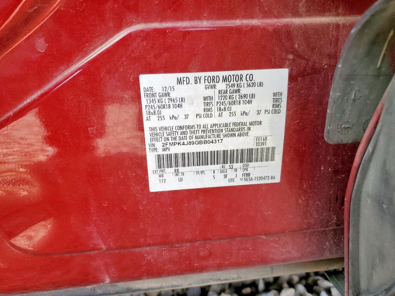 2016 Ford Edge Sel VIN: 2FMPK4J89GBB04317 Lot: 91781795