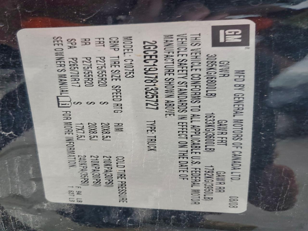 2008 Chevrolet Silverado C1500 VIN: 2GCEC19J781325727 Lot: 94188105