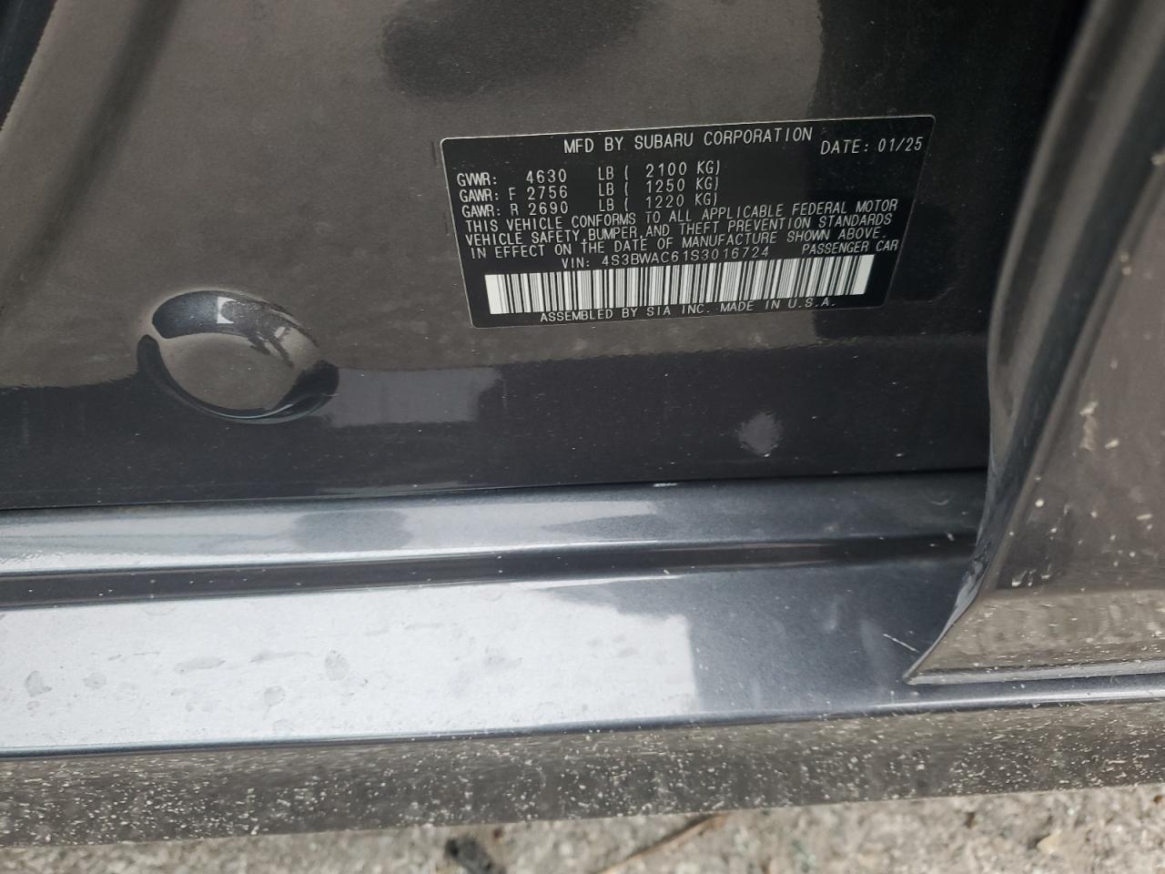 2025 Subaru Legacy Premium VIN: 4S3BWAC61S3016724 Lot: 93214615