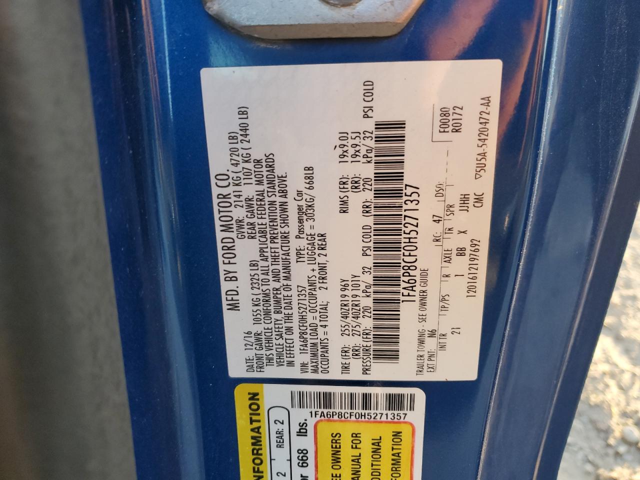 2017 Ford Mustang Gt VIN: 1FA6P8CF0H5271357 Lot: 89655075