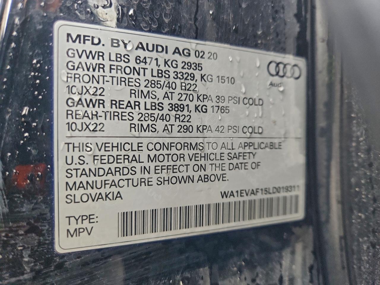 2020 Audi Q8 Premium Plus S-Line VIN: WA1EVAF15LD019311 Lot: 94173215